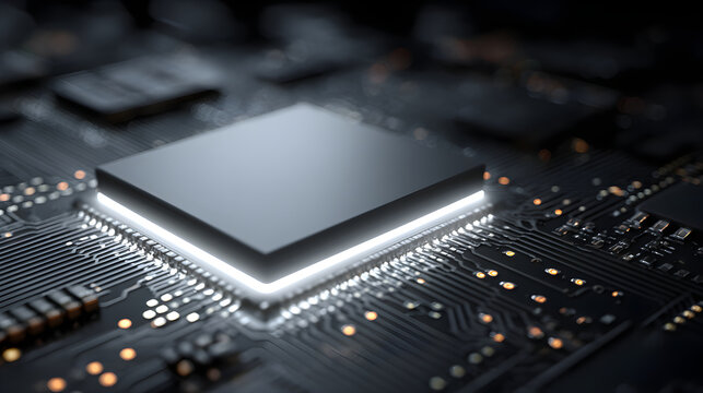 Close-up of a microchip on a circuit board with intricate details and glowing elements