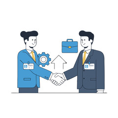 Two businessmen in blue suits and yellow ties shake hands in front of a briefcase and gear illustration with a white arrow pointing up representing agreement and productivity flat design style