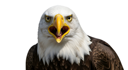 Bald eagle fiercely stares with open beak