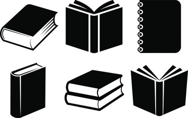 Book silhouette vector collection with open and closed books, stack and notebook icons, reading, education, and study illustration design.