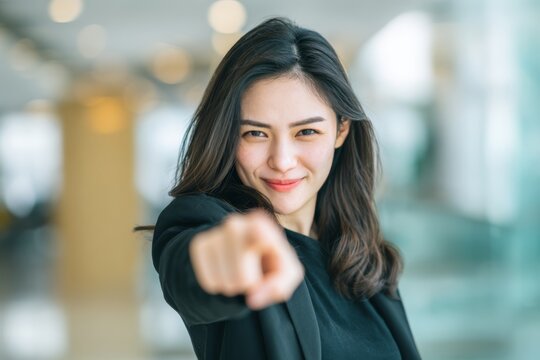 Businesswoman making a playful finger-gun gesture with a confident smile, showing friendliness and success.
