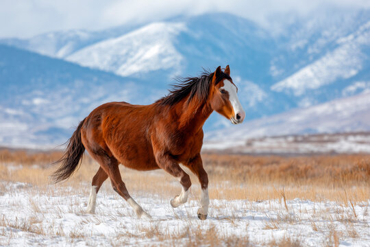 A brown horse with a white blaze galloping through a snowy field with majestic mountains in the background. The scene captures the beauty, energy, and freedom of the animal in a winter landscape under
