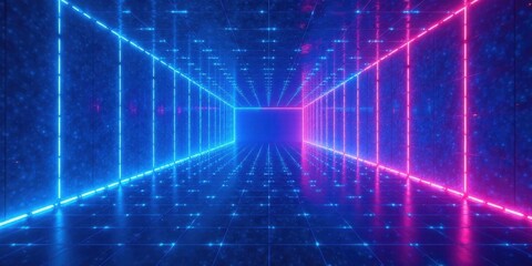 Abstract Neon Corridor Futuristic Glowing Lines and Tiles Reflecting Light in a Digital Space