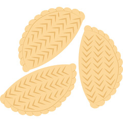 Three golden brown baked pastries with decorative zigzag patterns on a transparent background isolated simple illustration