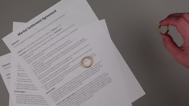 Marital Settlement Separation Agreement paper document on table, ready for signature, symbolizing wedding, divorce, prenuptial contract, breakup and separation.