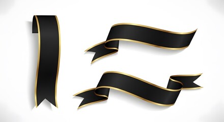 Elegant black ribbons with gold trim vector banners for decoration and design isolated on white