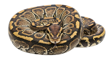 Fototapeta premium Coiled serpent with tongue against black