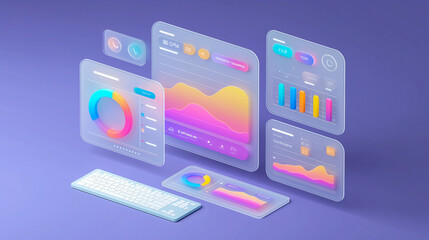 Glassmorphism frosted dashboard interface with colorful charts, graphs, and metrics, modern 3D UI design, digital data visualization, and futuristic technology style
