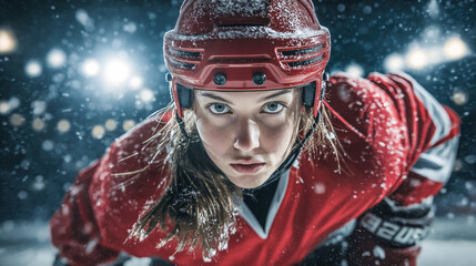 Female ice hockey athlete in red uniform accelerating on ice, determined expression, snow flying, stadium lights, winter sport action, competitive energy