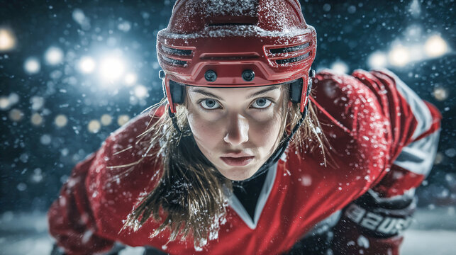 Female ice hockey athlete in red uniform accelerating on ice, determined expression, snow flying, stadium lights, winter sport action, competitive energy