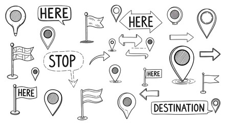 Hand-drawn map pointers and location icons vector navigation elements for maps and infographics isol