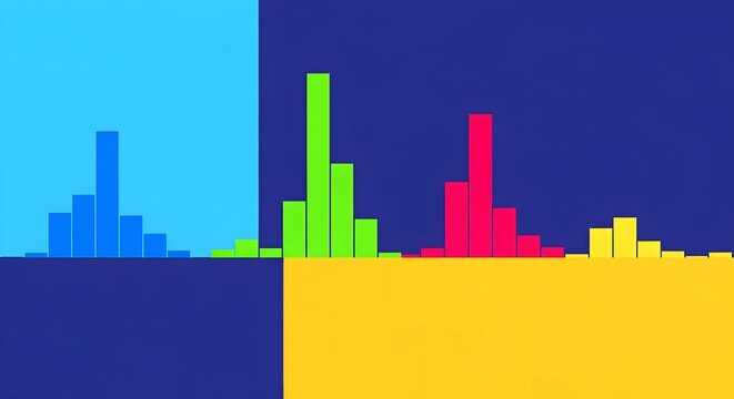 Abstract colorful histograms on a divided background, representing data and analysis