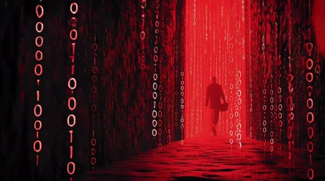 A lone figure with a briefcase ventures into a dangerous red digital realm of streaming binary numbers and cascading data