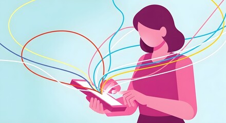 Woman using smartphone with colorful lines, representing connectivity and digital communication, illustrating technology's influence and innovation.