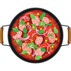 Top View of a Delicious Pepperoni Pizza With Tomato Sauce Onions And Basil In A Black Pan With Wooden Handles On A Transparent Background With Flat Design