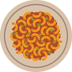 Top View of Elbow Macaroni Pasta with Tomato Sauce and Green Herbs in a Ceramic Bowl against a Transparent Background