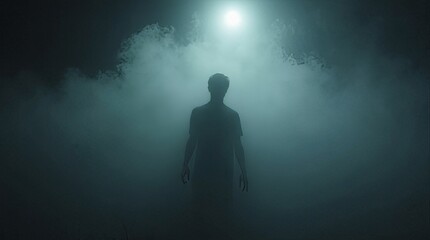 Fototapeta premium Mysterious man silhouette standing in the fog under the moonlight in the darkness