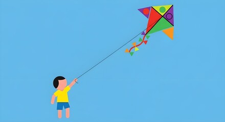 Child in yellow shirt flying a colorful kite against a clear blue sky
