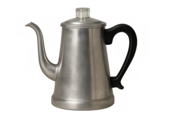 Vintage aluminum percolator coffee pot with black handle and glass knob, brewing fresh hot beverage, transparent background