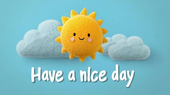 A cute smiling sun character made of felt with fluffy clouds on a blue background. Cheerful and positive morning greeting with 'Have a nice day' text
