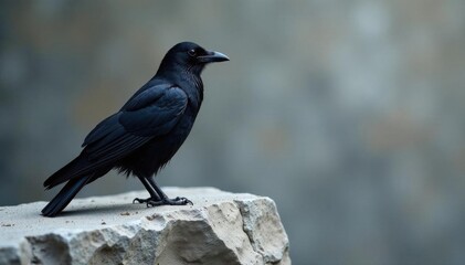 Sleek black crow feather on rough gray stone Minimalist nature still life , monochrome, still life