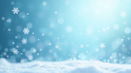 Snowy winter background with falling snowflakes and snow ground in blue color