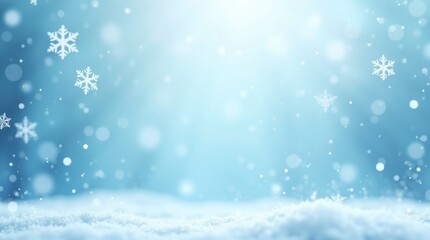 Fototapeta premium Winter background with falling snowflakes and snow ground in light blue color