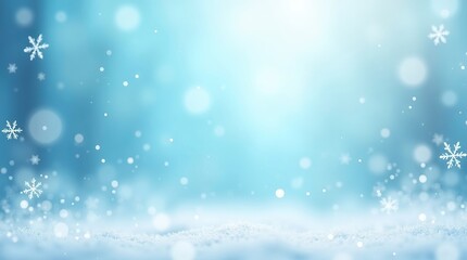 Winter background with falling snowflakes and snow ground in light blue color