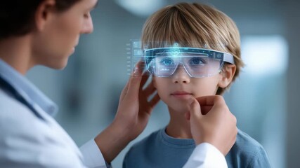 Child experiences high tech vision test with digital AR glasses, guided by healthcare specialist in bright, clinical environment. Scene highlights future medical diagnostics for children - Powered by Adobe