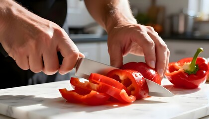 Hände schneiden leuchtend rote Paprika auf einer weißen Marmorarbeitsplatte