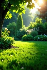 Sun-drenched lawn, lush green plants, garden view, backyard, botany, field