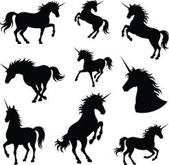 Collection of unicorn silhouettes in different poses, fantasy horse illustration set, magical mythical creature vector design for fairytale art