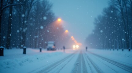 Snowy road with trees and street lights during a winter storm at night