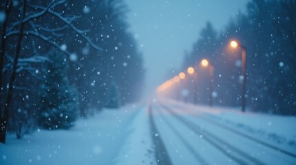 Snowy road with street lights during a snowstorm in winter season at dusk