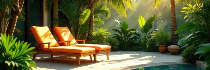Sun-drenched patio lounge chairs amidst lush tropical foliage, lounge chairs, paradise, outdoor living