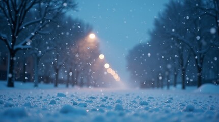 Snowy road with street lights during a snowstorm in winter season at twilight