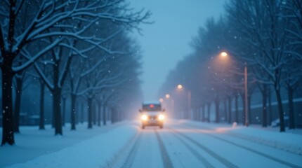 Car driving on snowy road with street lights during a snowstorm in winter season