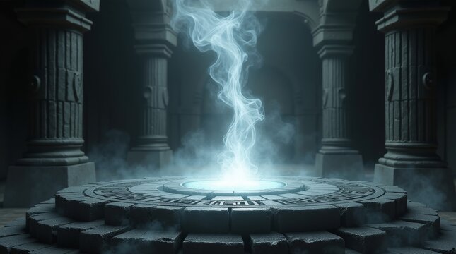 Dramatic ancient temple interior with a glowing portal in the center of the room