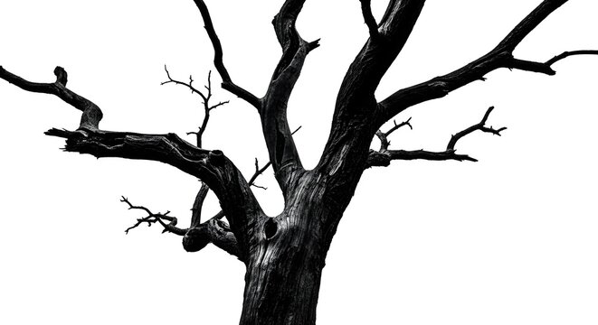 Dramatic silhouette of a bare tree stark black and white contrast isolated on white background