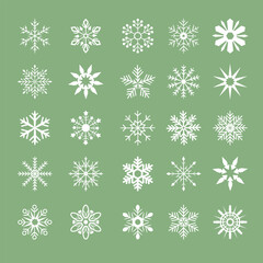 snowflake icons collection, green background with snowflake symbols, array of geometric snowflakes on green background, design featuring thirty unique snowflake motifs in organized grid