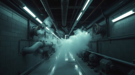 Dark industrial tunnel with pipes and steam, creepy atmosphere, mysterious scene