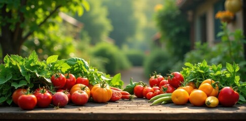 Vibrant urban garden harvest; overflowing table, growing, food, colorful