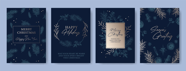 Fototapeta na wymiar Set of dark blue Christmas and New Year greeting cards with botanical illustrations of pine branches, cones, and twigs. Winter holiday and Christmas celebration concept