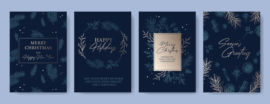 Set of dark blue Christmas and New Year greeting cards with botanical illustrations of pine branches, cones, and twigs. Winter holiday and Christmas celebration concept