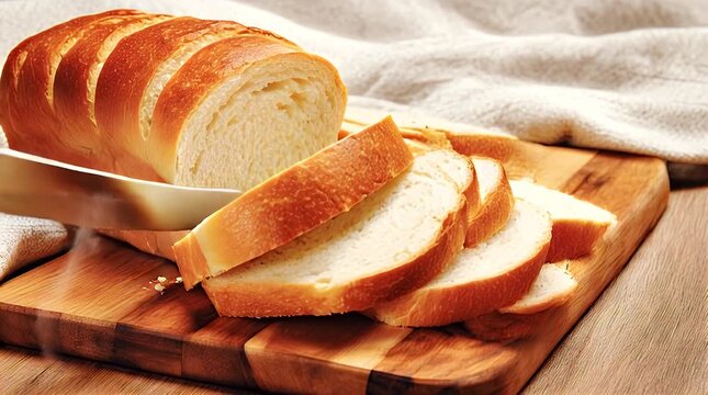 Golden Crust Loaf Bread Sliced On Wooden Board With Fabric Background Soft Lighting