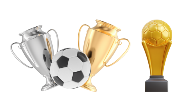 Golden and silver soccer trophies with a classic football prize