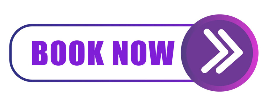 Book now button. Purple arrow navigation. Online Vector reservation. Instant booking click.