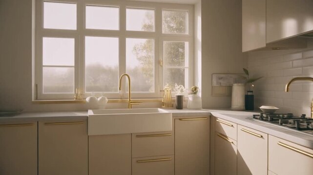 A bright modern kitchen with beige cabinets and gold fixtures under sunlight