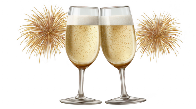 Celebratory toast with champagne glasses and golden fireworks white festive concept elegant viewpoint