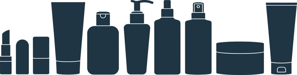 Cosmetic product containers vector illustration including lotion bottles, tubes, spray, pump, and cream jar for beauty skincare and makeup packaging.